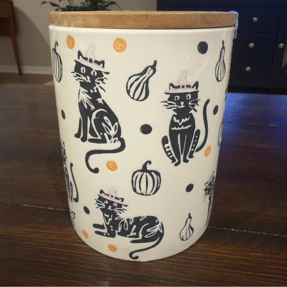 Potter’s Studio Black Cat Halloween Pumpkin 6” Canister Wood Lid  Treat Jar New